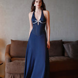 SHEER LUCK 2502 法式V领镂空收腰挂脖连衣裙 暮色蓝