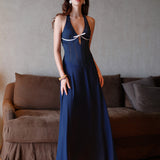 SHEER LUCK 2502 法式V领镂空收腰挂脖连衣裙 暮色蓝