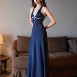 SHEER LUCK 2502 法式V领镂空收腰挂脖连衣裙 暮色蓝