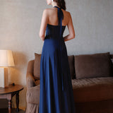 SHEER LUCK 2502 法式V领镂空收腰挂脖连衣裙 暮色蓝