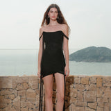 SHEER LUCK 2502 网纱飘带不规则一字领露肩性感包臀连衣裙 黑