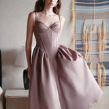 SHEER LUCK 2502 立体裁剪法式性感芭蕾缎面吊带裙 可可棕