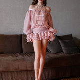 SHEER LUCK 2502 一字肩泡泡袖抹胸蓬蓬裤裙 柔雾粉