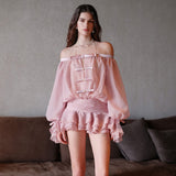 SHEER LUCK 2502 一字肩泡泡袖抹胸蓬蓬裤裙 柔雾粉