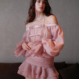 SHEER LUCK 2502 一字肩泡泡袖抹胸蓬蓬裤裙 柔雾粉