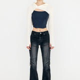 YUSE SS2312 KNIT HOODIE BOLERO SLEEVE TOP - IVORY + NAVY