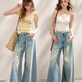 Kroche 2507 蝴蝶结镂空系腰阔腿牛仔裤