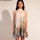 KINGWEN 2508 印花挂脖系带连衣裙