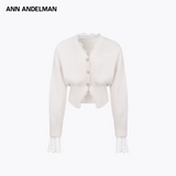 ANN ANDELMAN 2510 V领蕾丝拼接收腰毛织开衫 白