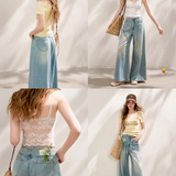 Kroche 2507 蝴蝶结镂空系腰阔腿牛仔裤