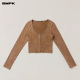 SMFK 2508 飓风褪色修身开衫 野马棕