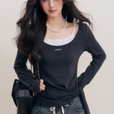 Kroche 2510 真两件大U领绑带打底长袖 深灰