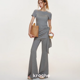Kroche 2508 砂洗太空层短袖+不规则绑带长裤套装