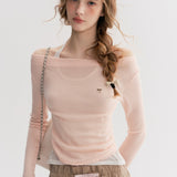 Kroche 2510 撞色假两件一字肩针织衫