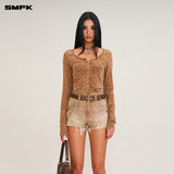 SMFK 2508 飓风褪色修身开衫 野马棕