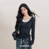 Kroche 2510 真两件大U领绑带打底长袖 深灰