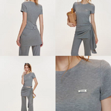 Kroche 2508 砂洗太空层短袖+不规则绑带长裤套装