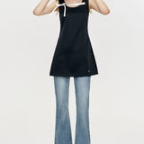 Kroche 2508 立体蝴蝶撞色缎面A摆连衣裙 黑