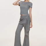 Kroche 2508 砂洗太空层短袖+不规则绑带长裤套装