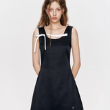 Kroche 2508 立体蝴蝶撞色缎面A摆连衣裙 黑