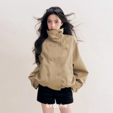 Kroche 2510 大翻领双排扣抽褶短款风衣