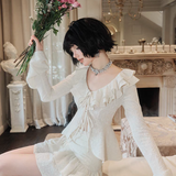 EIMISMOSOL 2502 抽褶菏叶边蕾丝小衫+短裙