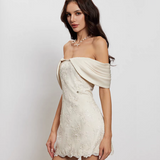 SHEER LUCK 2503 一字肩蕾丝缎面连衣裙