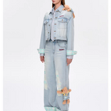 13DE MARZO | 2503 Plaid Cuffed Sleeve Denim Pants Blue