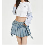 VIA PITTI SS2306 设计感绑带牛仔百褶短裙