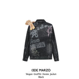 13DE MARZO | 2501 Slogan Graffiti Denim Jacket Black