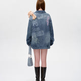 13DE MARZO | 2501 Slogan Graffiti Denim Jacket Blue