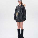 13DE MARZO | 2501 Slogan Graffiti Denim Jacket Black