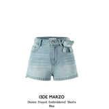 13DE MARZO | 2504 Denim Frayed Embroidered Shorts Blue