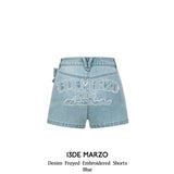 13DE MARZO | 2504 Denim Frayed Embroidered Shorts Blue