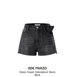 13DE MARZO | 2504 Denim Frayed Embroidered Shorts Black