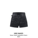 13DE MARZO | 2504 Denim Frayed Embroidered Shorts Black