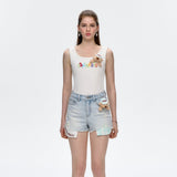 13DE MARZO | 2504 Embroidered Colour-block Letter Tank White