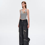 13DE MARZO | 2504 Embroidered Colour-block Letter Tank Grey