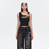 13DE MARZO | 2504 Embroidered Colour-block Letter Tank Black