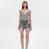 13DE MARZO | 2504 Plaid Pocket Denim Shorts Grey