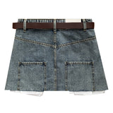 Kroche SS2303 高腰贴布拼接毛边牛仔A字半裙