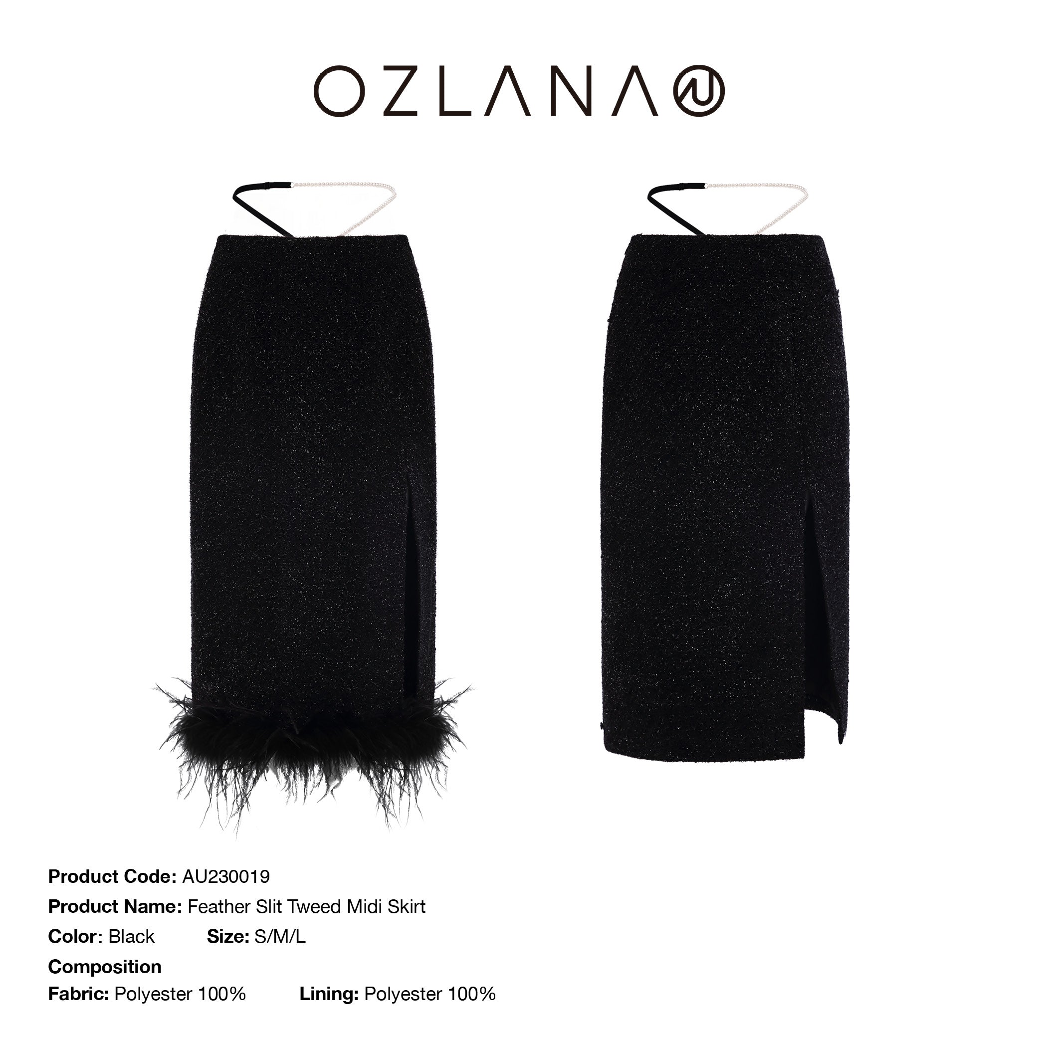 OZLANA SS2303 Feather Slit Tweed Midi Skirt – Lines Up