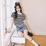 Kroche SS2303 高腰贴布拼接毛边牛仔A字半裙