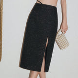 OZLANA SS2303 Feather Slit Tweed Midi Skirt