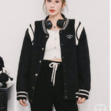 Kroche 美式图案刺绣撞色宽肩拼皮棒球服