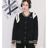 Kroche 美式图案刺绣撞色宽肩拼皮棒球服