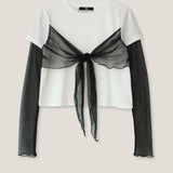 YUSE 2404 MESH RIBBON LAYERED T-SHIRT  IVORY/BLACK