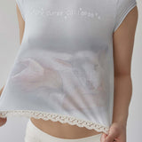 SCULPTOR 2603 Lace Crop Baby Tee Nude Blue