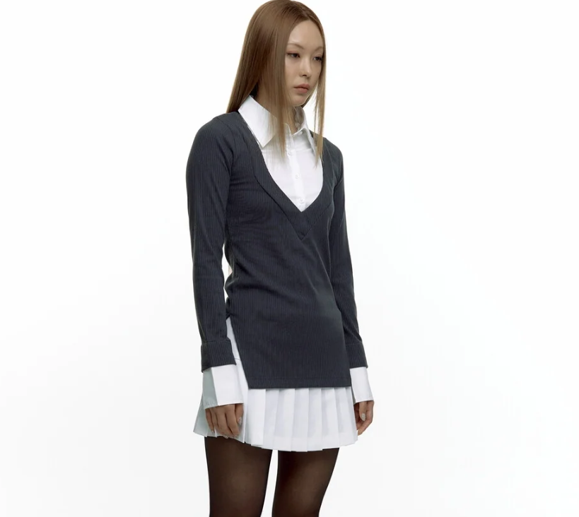 Kashiko☆Shirts Layered Knit Skirt Set KASHIKO SS2404 Shirts Layered Knit Skirt Set Charcoal – Lines Up