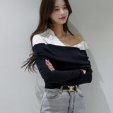 KOREAN COLLECTION 2505 衬衫领假两件露肩长袖